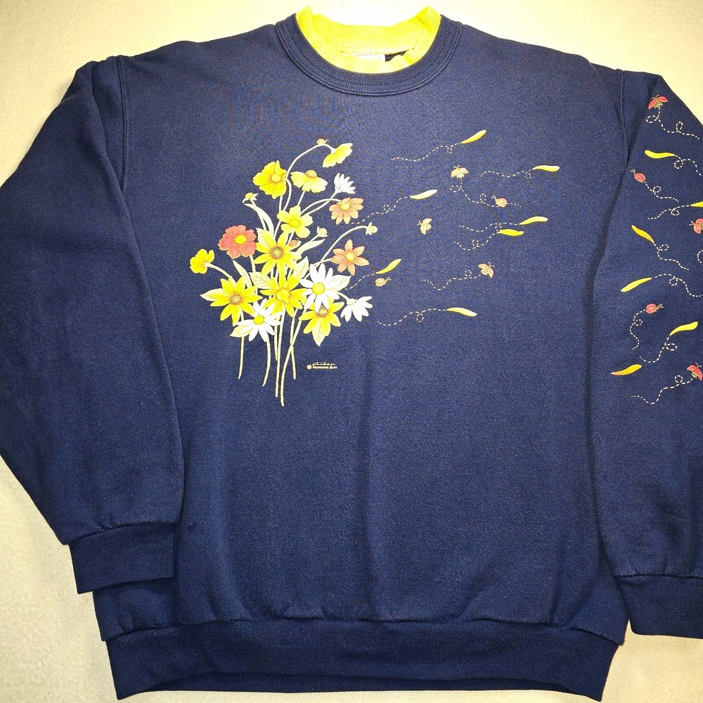 Vtg 90s Morning Sun Aiken Floral Double Neck Sweatshirt L Navy Grandmacore Cozy.